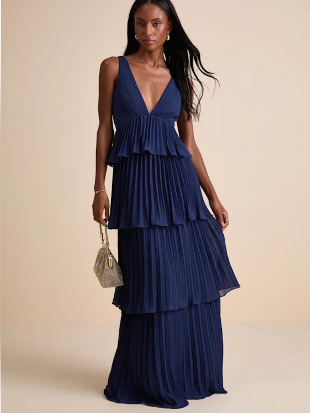 Lulu's Navy Tiered Pleated V-Neck Maxi Dress